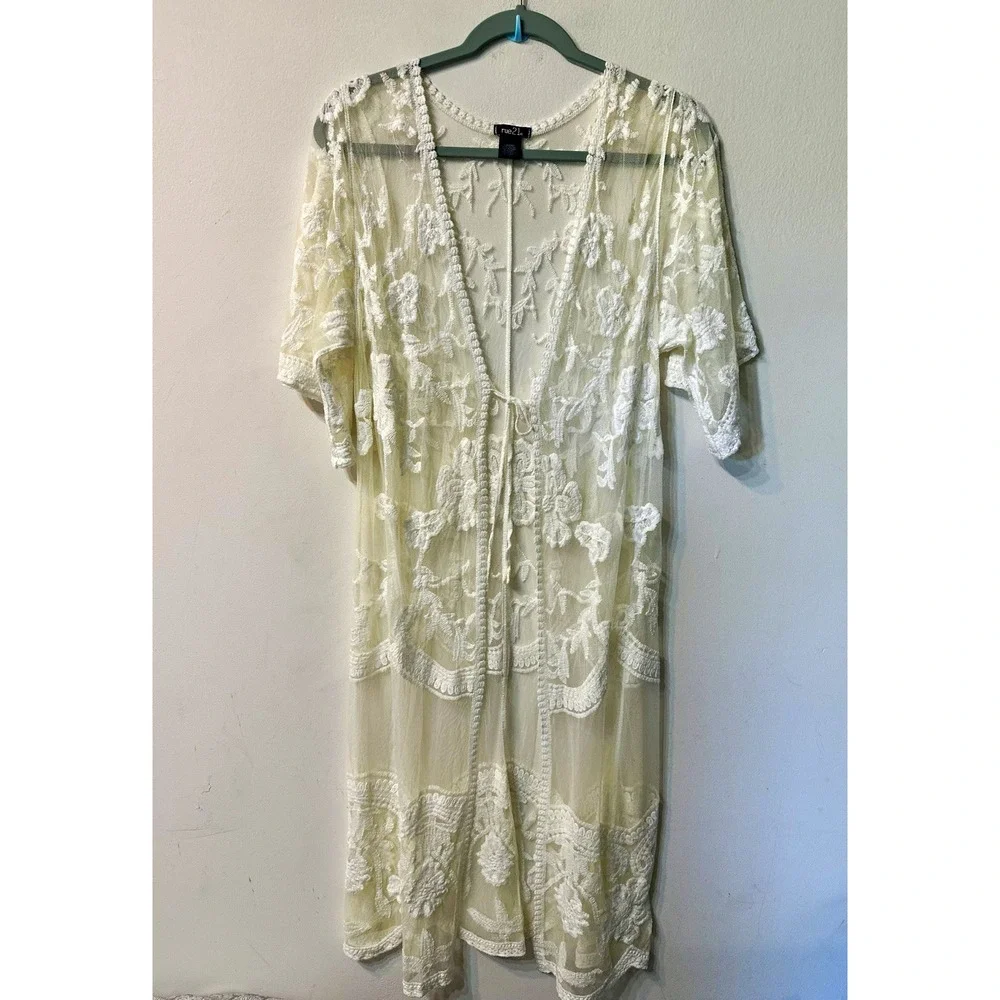 rue21 Womens Large White Lace Kimono Duster Cardigan Sheer Floral Tie Front Boho